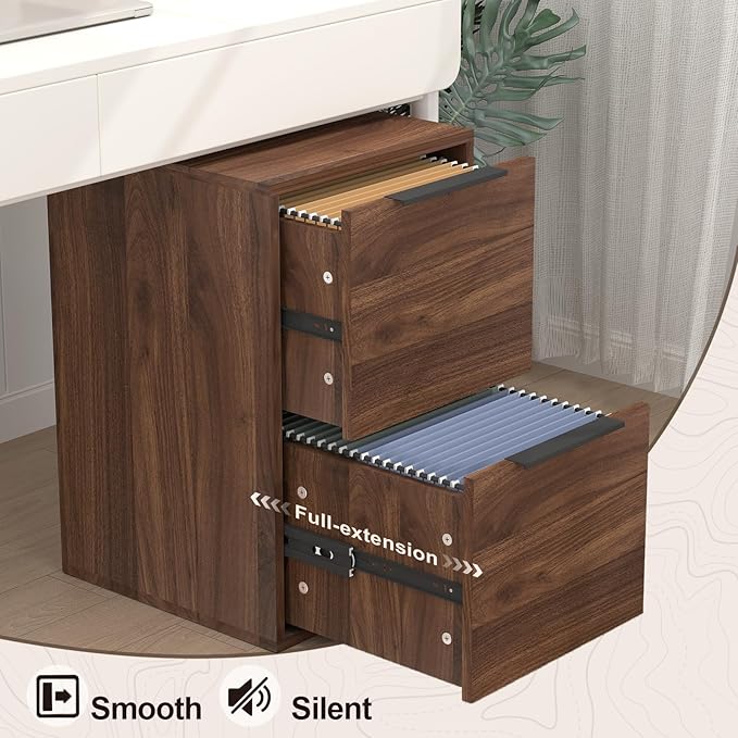 2 Drawer File Cabinets, Wood File Cabinet with Hanging Bar for Letter Size, Under Desk Drawer, Small File Cabinets for Home Office, Dark Walnut