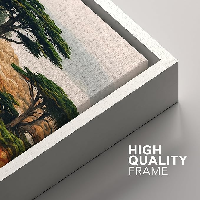 SIGNFORD Framed Wall Art Print Set Coastal Cypress and Rocky Shoreline Scenic Landscape Digital Art Modern Art Contemporary for Living Room, Bedroom, Office - 24"x36"x3 White