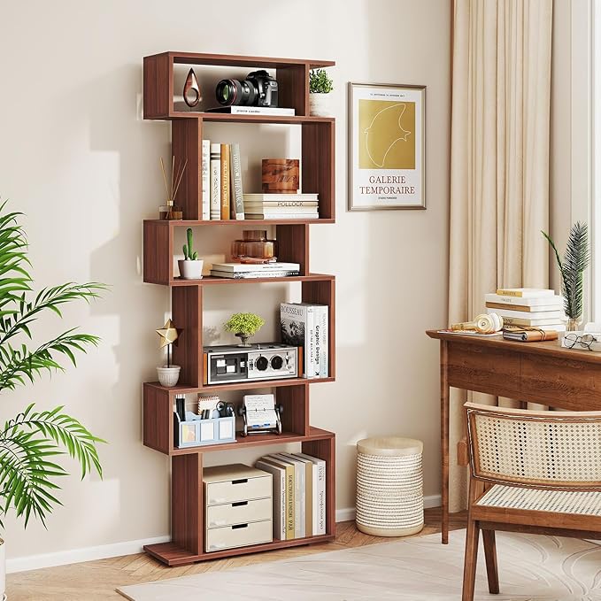 Giantex 6-Tier Geometric Bookshelf Set of 2, S-Shaped Bookcase with 2 Anti-Tipping Kits, Wooden Display Shelf, Decorative Storage Shelving Unit, Home Storage Organizer for Office Living Room, Walnut