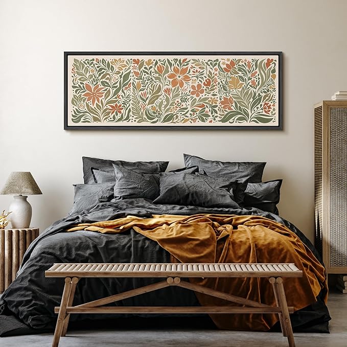 SIGNFORD Large Framed Canvas Folk Floral Garden in Earth Tones Illustrations Modern Art Calm Warm for Living Room, Bedroom, Office - 60"x20"