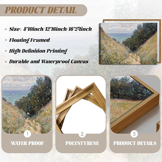 Framed Vintage Monet Wall Art Farmhouse Decor – Impressionist Oil Painting Canvas Prints – Country Landscape Classic Aesthetic Wall Decor for Living Room Bedroom Bathroom – 12''x16''