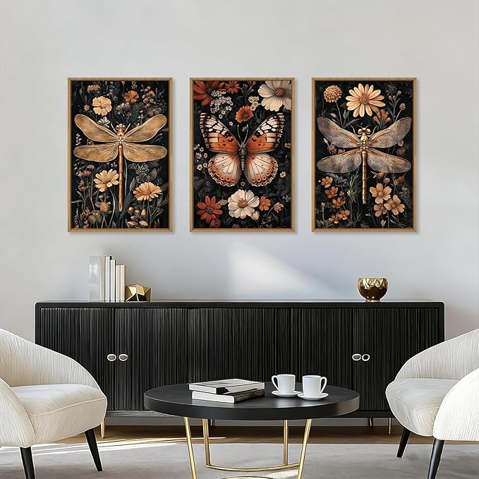 Aryroi Large Vintage Butterfly and Dragonfly Wall Decor Framed Canvas Wall Art,Retro Dark Animal Floral Wall Decor, Moody Insect Wildflowers Botanical Artwork for Living Room,Bedroom,office-24 x36 x3