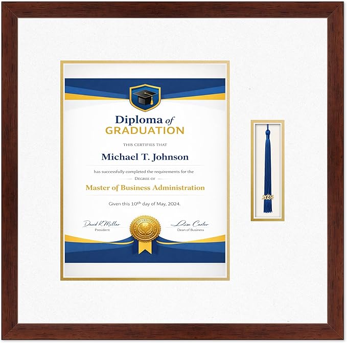 Diploma Frame with Tassel Holder Rustic Walnut Shadowbox Oyster Shell Over Gold Mat - Fits 10 x 13 Degree Made in the USA