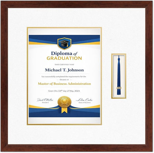 Diploma Frame with Tassel Holder Rustic Walnut Shadowbox Oyster Shell Over Gold Mat - Fits 10 x 13 Degree Made in the USA