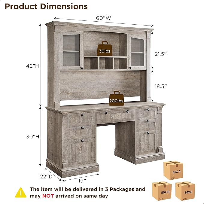 OKD 60" Executive Desk with Hutch and Drawers, Farmhouse Home Office Desk with Charging Station, Keyboard Tray, File Cabinet Storage, Wood Computer Desk for Work and Study, Light Rustic Oak