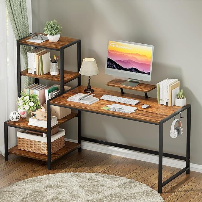 GreenForest Computer Desk 58 inch with Printer Shelf, Reversible Office Desk with Monitor Stand and 2 Hooks, Home Workstation for Study Writing Working Gaming, Brown