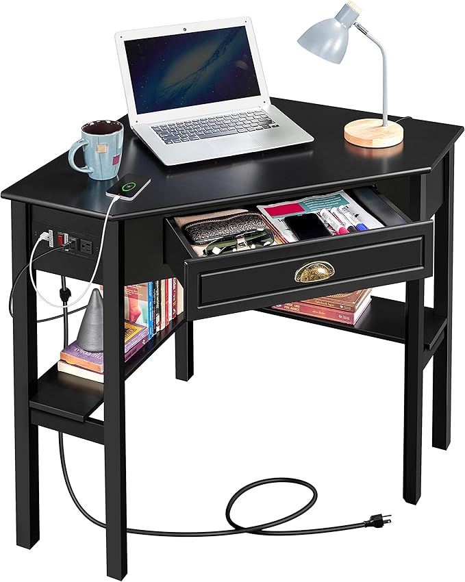 Yaheetech L Shaped Computer Desk Corner Table with Charging Station Outlets for Small Space, 90 Degree Triangle Desk Home Office Table with Drawer and Storage Shelf for Workstation, Living Room, Black