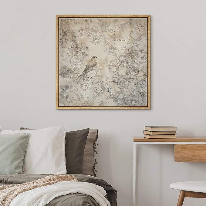 SIGNWIN Framed Canvas Print Wall Art Vintage Bird and Floral Sketch Delicate Pencil Drawing with Nature Elements Illustrations Decorative Relax/Zen for Living Room, Bedroom, Office - 24"x24" Natural