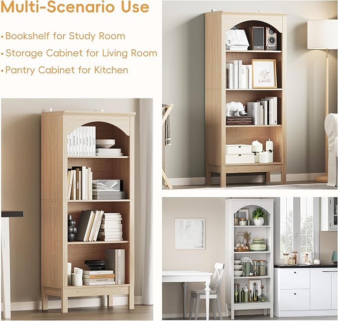 Arched Bookshelf with 4 Tier Open Shelves, 56" Tall Wood Bookcase with Adjustable Shelves, 24" Wide Floor Standing Display Storage Shelf for Home Office, Kitchen, Study and Living Room, Modern White