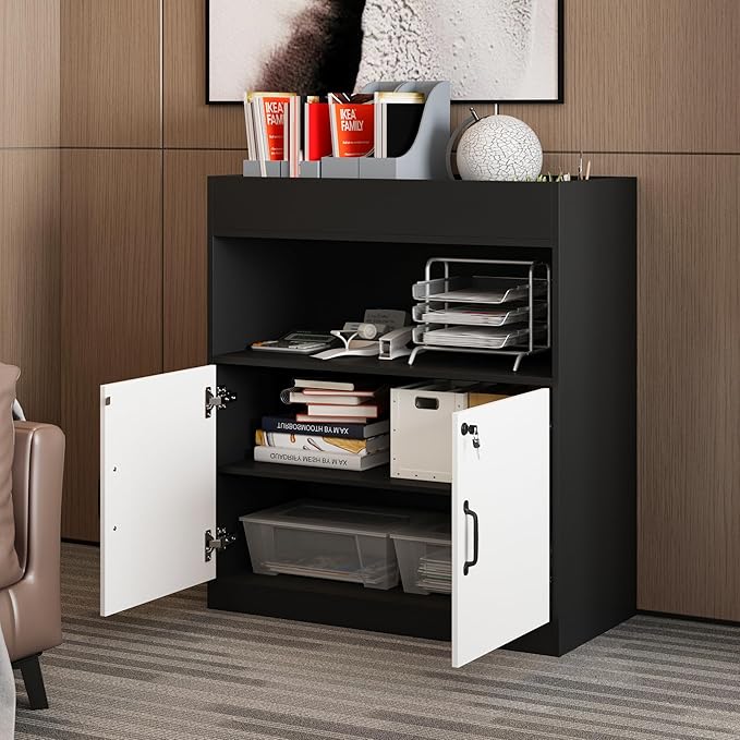 WOODTIME 31.5" W Lateral File Cabinet with Lock, Adjustable Shelves, Top Compartment, Open Shelf & 2 Drawers, Wooden Filing Organization Storage Cabinet for Office Garage, White & Black