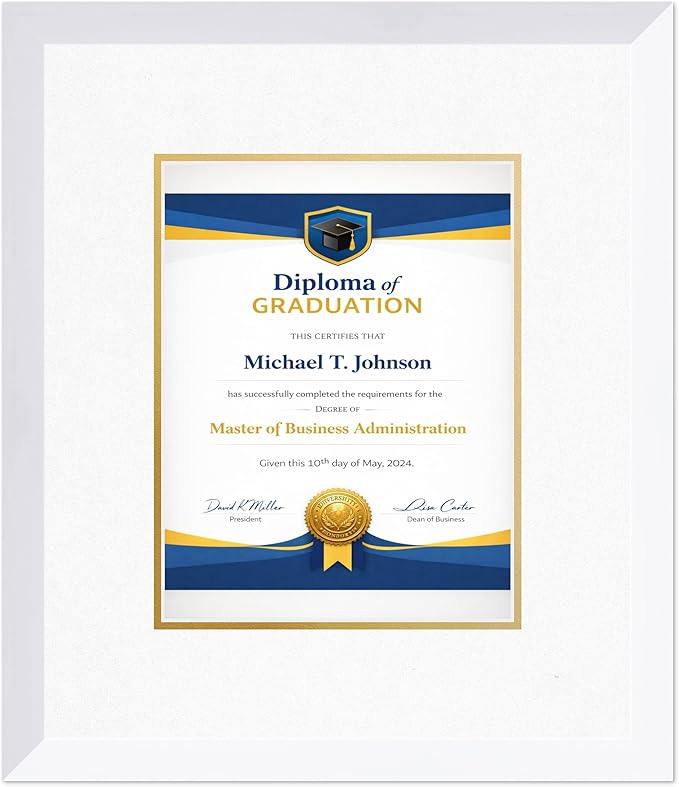Diploma Frame Bright White with Oyster Shell Over Gold Double Mat - Fits 8.5 x 11 Certificate (Portrait) Wall Display Made in the USA