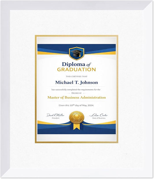Diploma Frame Bright White with Oyster Shell Over Gold Double Mat - Fits 8.5 x 11 Certificate (Portrait) Wall Display Made in the USA