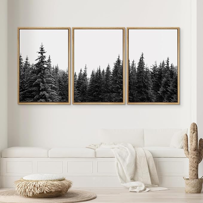 SIGNWIN 3 Piece Framed Canvas Wall Art Woodland Nursery Decor Black and White Forest Photo Nature Abstract Traditional Home Artwork Decoration for Living Room,Bedroom - 16"x24"x3 Natural