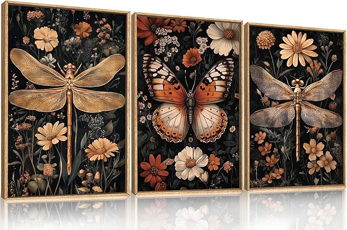 Aryroi Large Vintage Butterfly and Dragonfly Wall Decor Framed Canvas Wall Art,Retro Dark Animal Floral Wall Decor, Moody Insect Wildflowers Botanical Artwork for Living Room,Bedroom,office-16 x24 x3