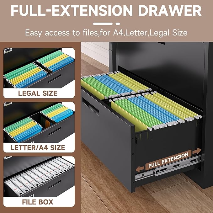 3 Drawer Lateral File Cabinet with Lock, Metal Filing Cabinets for Home Office, Wide Locking File Caninets, Black Office Storage Cabnet for Hanging Letter/Legal / A4 / F4 - Assembly Required