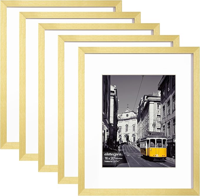eletecpro 16x20 Picture Frames Set of 5, Gallery Wall Frames Display 11x14 Photo with Mat or 16x20 without Mat, Picture Frame Collage Wall Decor for Wall Mounting, Gold