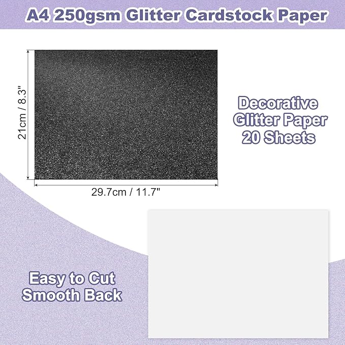 PATIKIL 20Sheets Black Glitter Cardstock, 8.3x11.7 in A4 Glitter Paper Card Stock Shiny Scrapbook 250gsm Sparkly Paper Large Shimmer for Crafts Scrapbook DIY Art Wedding Party
