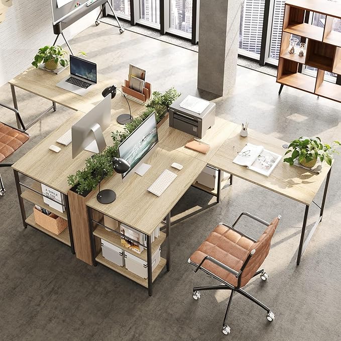 Bestier 95.2” L Shaped Desk, Reversible Corner Computer Desk or 2 Person Long Table with Adjustable Shelves, Large Writing Study Workstation with 3 Cable Holes - Oak