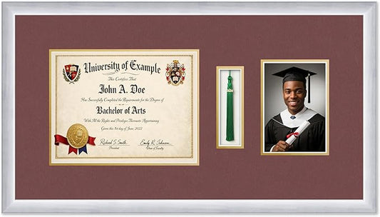 CountryArtHouse Diploma Tassel and Photo Shadowbox Fits 11 x 8.5 US Letter Certificate with Tasse Stainless Silver Genuine Hardwood with Dark Red Over Metallic Gold Double mat