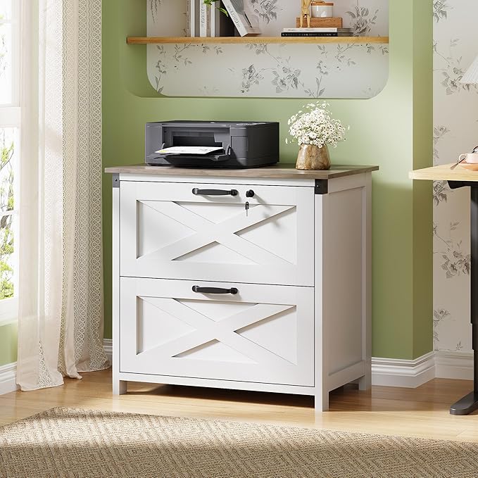 DEVAISE 2 Drawer File Cabinet, Lateral Wood Filing Storage Cabinet with Lock, Farmhouse Printer Stand for Home Office Fits Letter/Legal/A4 Size, White