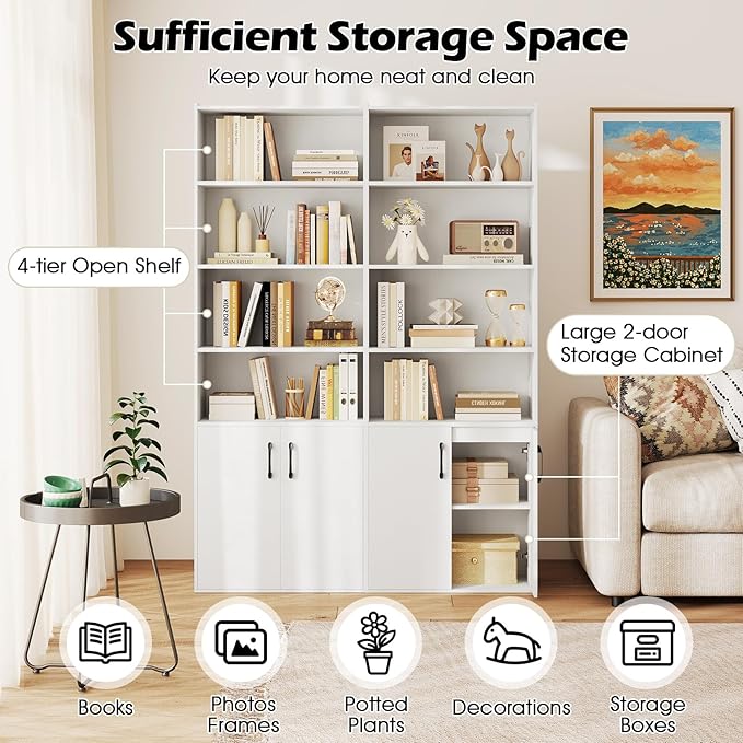 Giantex 70" Bookcase with 2 Doors, 6-Tier Modern Bookshelf w/Cabinet, Elegant Storage Cabinet, Adjustable Shelves, Multipurpose Display Rack, Storage Organizer for Living Room Bedroom Study (White)