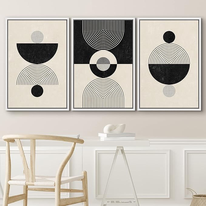 IDEA4WALL Framed Canvas Print Wall Art Set Geometric Black Tan Stripe Polygon Landscape Abstract Shapes Illustrations Modern Art Decorative Nordic for Living Room, Bedroom, Office - 16"x24"x3 White