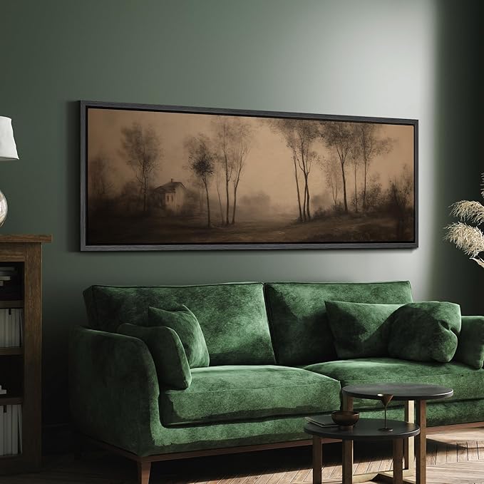 SIGNFORD Large Framed Canvas Print Wall Art Vintage Sepia Countryside Trees and Cottage Illustrations Modern Art Calm Warm for Living Room, Bedroom, Office - 60"x20"