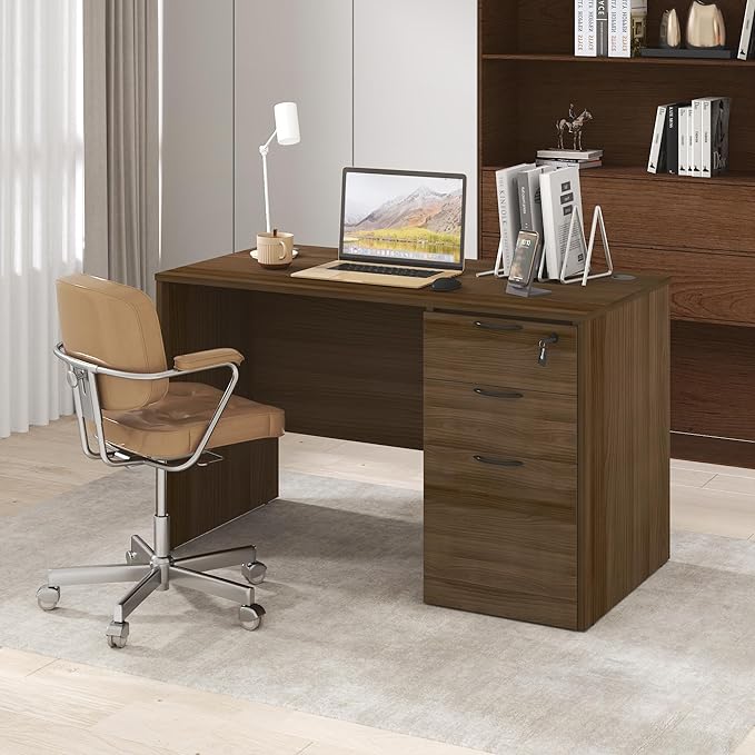 Furinno Roger 47 Inch Executive Desk with File Cabinet, Home Office Desk with 3-Drawer Fixed Pedestal Filing Cabinet, Desk Cord Grommet, for Home Office, Modern Walnut