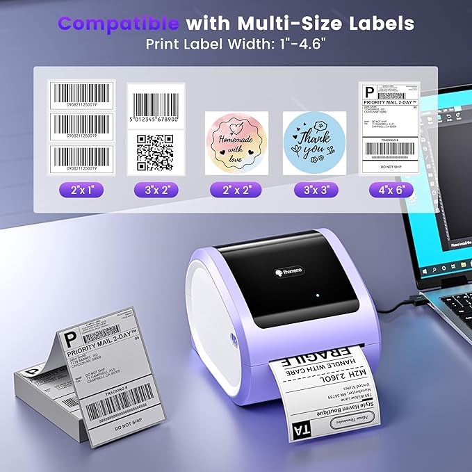 Phomemo D520BT Bluetooth Thermal Label Printer, 4X6 Wireless Shipping Label Printer Build-in Holder, Thermal Label Maker for Shipping Package, Compatible with Amazon, USPS, Shopify, Purple
