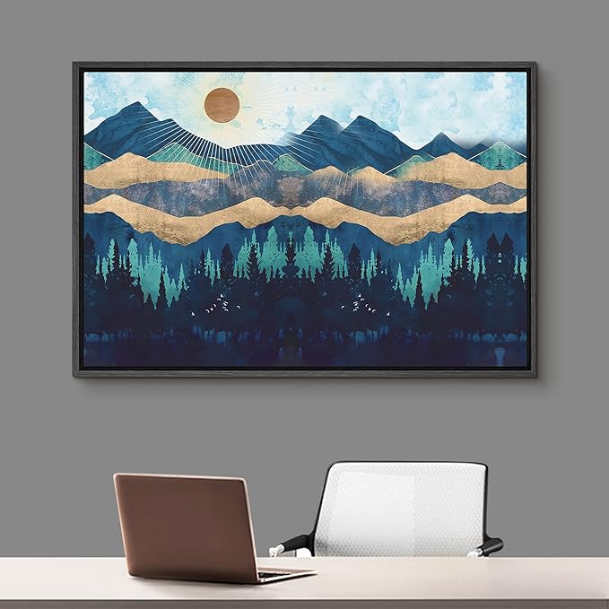 SIGNFORD Framed Canvas Print Wall Art Woodland Nursery Decor Blue Mountains & Forest Under Shining Sun Abstract Wilderness Modern Art Rustic Scenic for Living Room, Bedroom, Office - 16"x24" Black