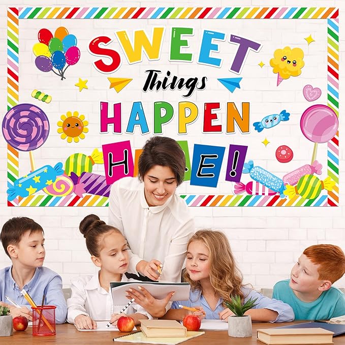 gisgfim Sweet Candy Things Happen Here Bulletin Board Decorations Back to School Colorful Paper Cutouts Sweet Candy Bulletin Board Set for Kindergarten Preschool Elementary Wall Decor Supplies