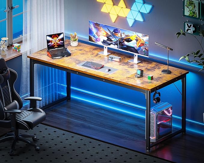 ODK 63 Inches Large Computer Desk for Home Office, Modern Desk for Small Spaces, Writing Desk with Headphone Hooks, Vintage