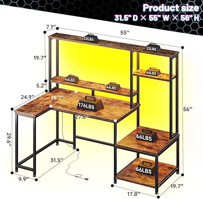 Computer Desk with LED Lights & Outlets,55" L Shaped Gaming Desk with Shelves & Storage Hutch,Reversible Corner Gaming Table with Printer Space & Monitor Stand for Home Office,Rustic Brown
