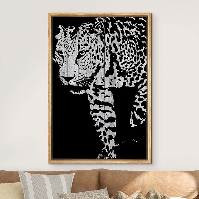 IDEA4WALL Framed Canvas Print Wall Art Grayscale Spotted Leopard on Wood Panels Animals WildLife Illustrations Modern Art Tropical Portrait Dark for Living Room, Bedroom, Office - 24"x36" NATURAL