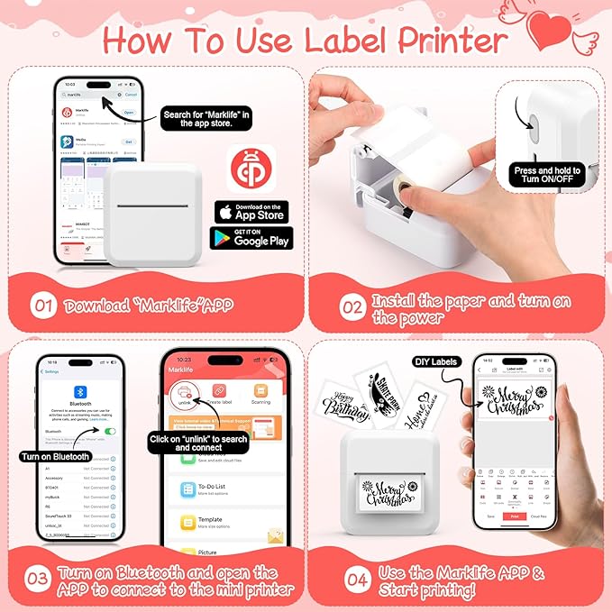 Portable Bluetooth Label Maker Machine with 30x50 mm Tape, Compact & Wireless Mini Label Printer Thermal Label Maker for Home, Office, Kitchen, Compatible with iOS & Android, White
