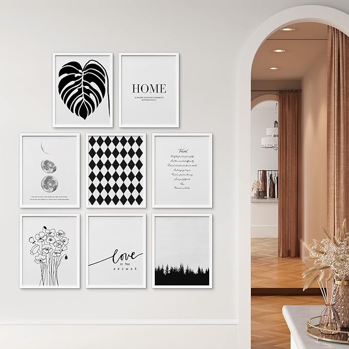 SIGNWIN Framed Poster Bathroom Decor 11"x14"x 8 White, Wall Art Room Decor Multicolor for Living Room, Bedroom, Office Black White Monstera Leaf Love Home Typography Nature Abstract Shapes