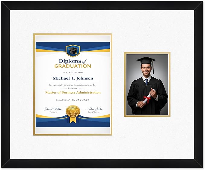 Diploma Frame With Photo Opening Matte Black Oyster Shell Over Gold Mat - Fits 8.5 x 11 Degree and Picture Made in the USA