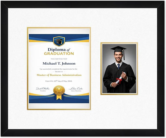 Diploma Frame With Photo Opening Matte Black Oyster Shell Over Gold Mat - Fits 8.5 x 11 Degree and Picture Made in the USA