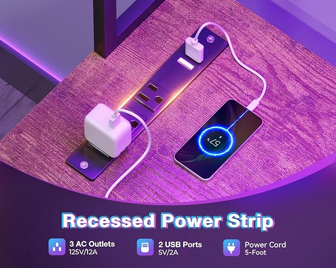 AODK L Shaped Desk Gaming Desk with LED Light & Power Outlet, 59 Inch Reversible L Shaped Computer Table with 4 Drawers for Home Office, Vintage