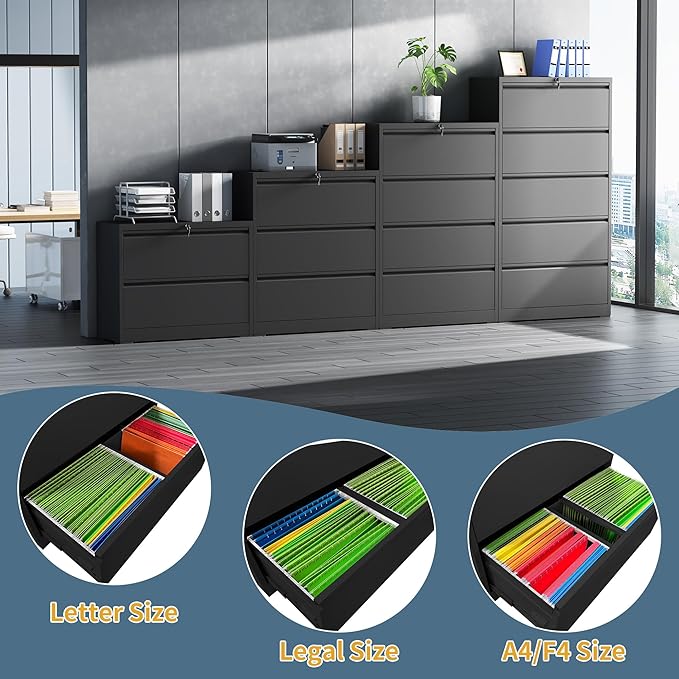 5 Drawer File Cabinet with Lock, Lateral Filing Cabinets,Metal Storage Filing Cabinets for Home Office, Heavy Duty File Cabinet for Letter/Legal/A4/F4 Size Amsseble Required, Black
