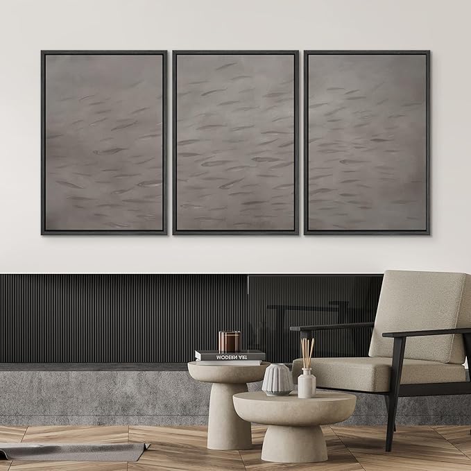 SIGNWIN Framed Canvas Print Wall Art Set Minimalist Fish Shoal Pattern Subtle Gray Underwater Illustrations Modern Art Decorative Abstract for Living Room, Bedroom, Office - 16"x24"x3 Black