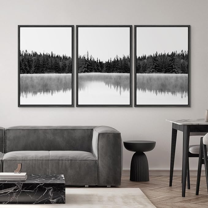 SIGNWIN 3 Piece Framed Canvas Wall Art Woodland Nursery Decor Black and White Forest with Lake Nature Abstract Traditional Home Artwork Decoration for Living Room,Bedroom - 16"x24"x3 Black
