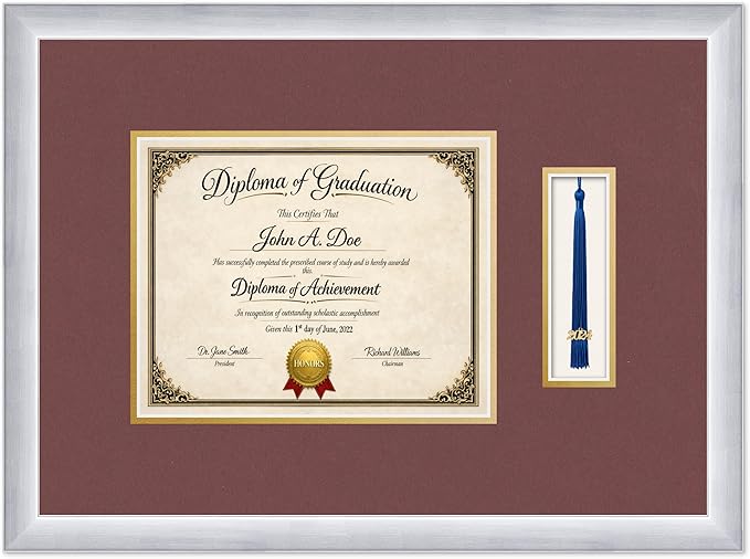 Diploma Frame with Tassel Holder 20.25 x 15 Stainless Silver Shadowbox Dark Red Over Gold Mat - Fits 10 x 8 Degree Made in the USA