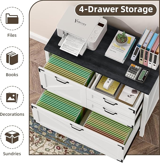Vabches 4-Drawer Wood Lateral File Cabinet for Hanging Files Letter/A4/Legal Size, Large Farmhouse File Cabinets for Home Office, Printer Stand with Office Cabinet, White and Black
