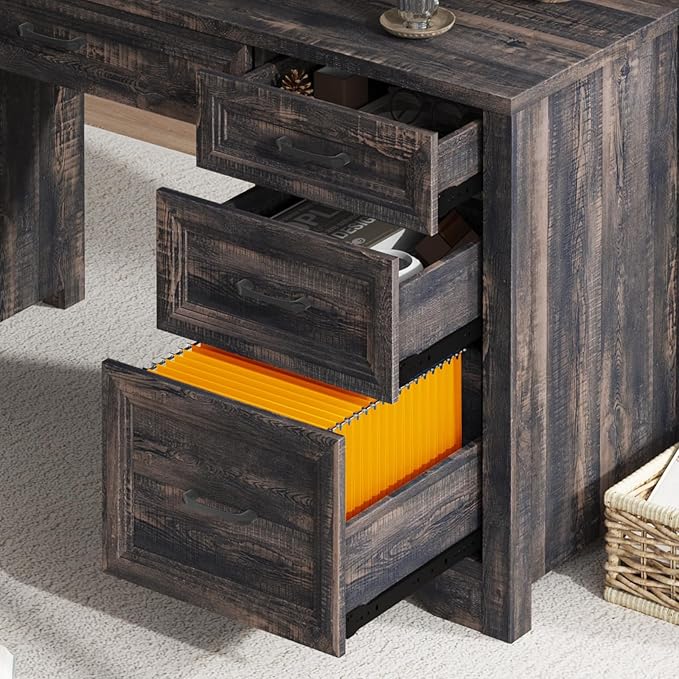 Vabches Farmhouse Executive Desk with Drawers, Home Office Desk with File Drawer, Wood Computer Desk with Ample Storage, Rustic Office Desk with Spacious Tabletop for Work, Dark Oak