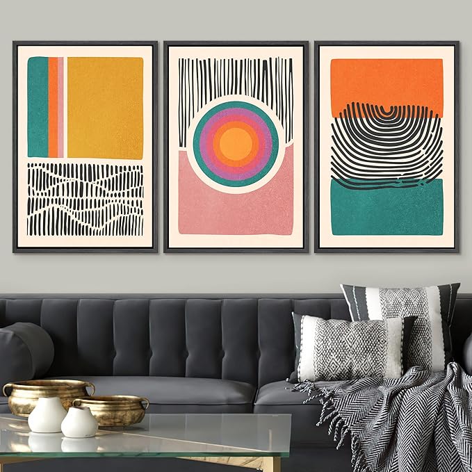SIGNWIN Framed Canvas Print Wall Art Set Mid-Century Multicolor Color Block Shape Abstract Geometric Illustrations Graffiti & Street Art Modern Art for Living Room, Bedroom, Office - 24"x36"x3 Black