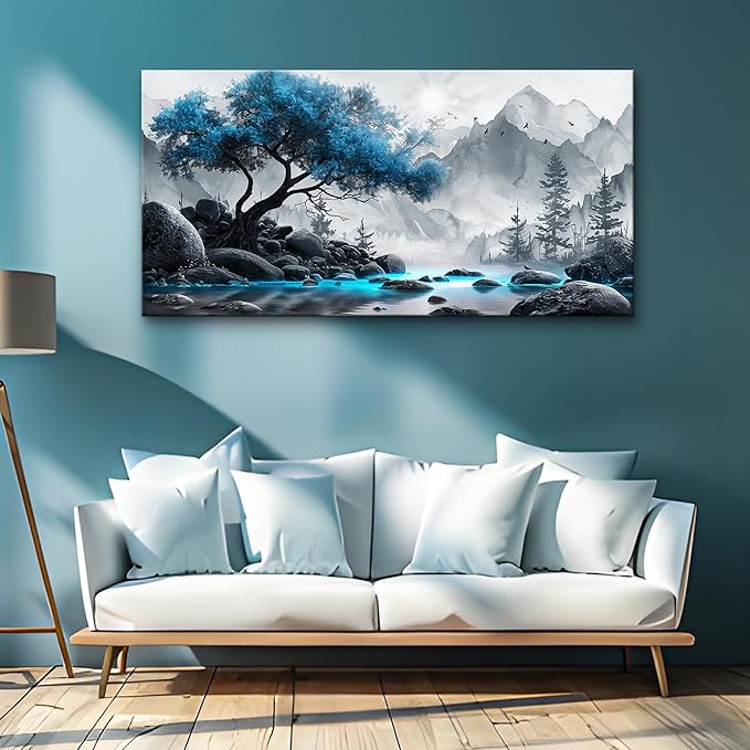 Lapremoly Large Canvas Wall Art For Living Room, Office, Bedroom - Black And White Painting - Blue Tree Landscape - Hotel Artwork - Family Home Decor