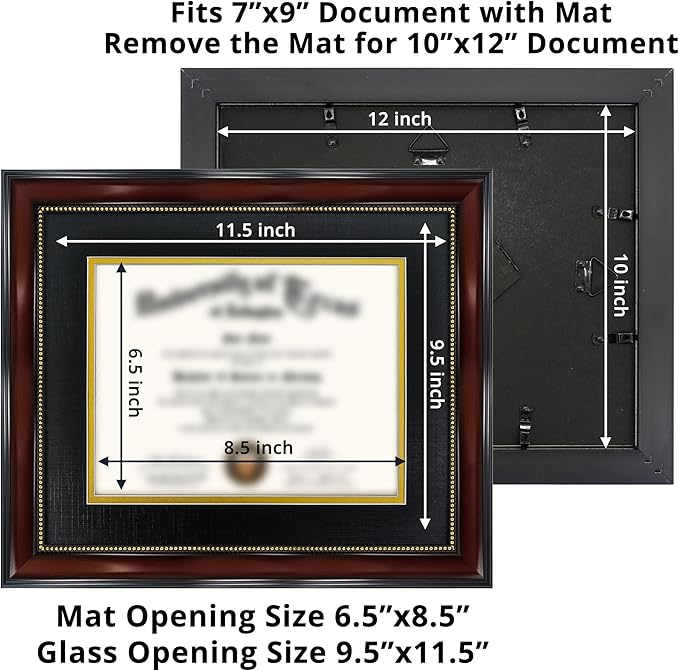 GraduationMall 7x9 Diploma Frame with Black over Gold Mat or Display 10x12 Document without Mat, Tempered Glass, Mahogany with Gold Beads