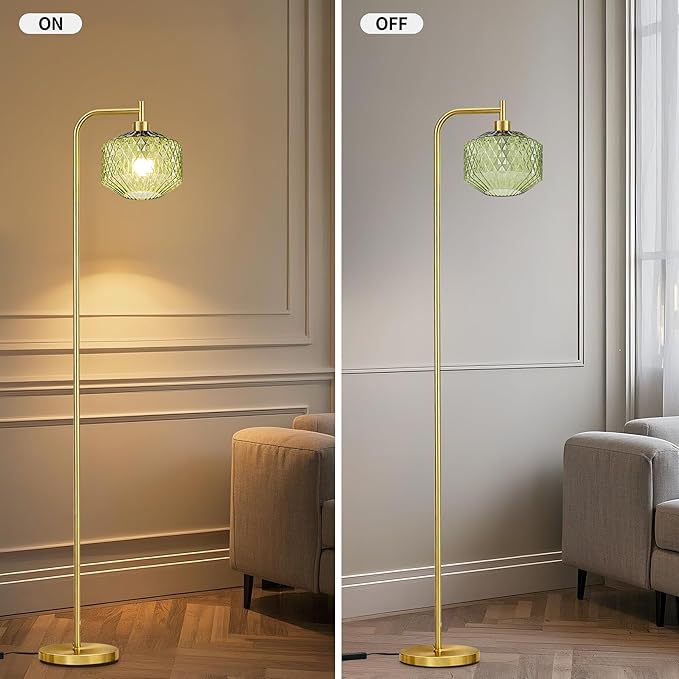 MAYNA Mid Century Modern Floor Lamp, Emerald Green Ribbed Glass Standing Lamp with Built-in Timer Switch, Gold Tall Vintage Lamps for Living Room Bedroom, 2700K LED Bulb Included
