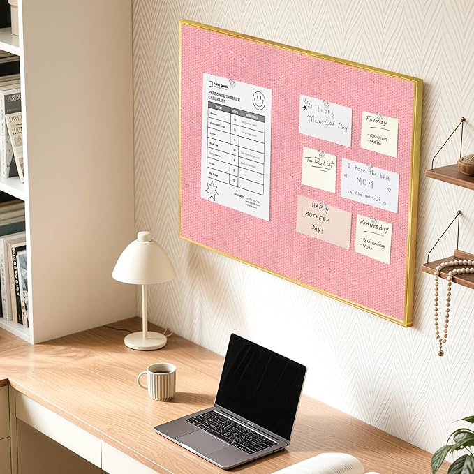Linen Bulletin Board 36 x 24 Inches, Fabric Cork Board for Wall with Gold Aluminum Frame, Hanging Pin Board Tack Board for Home Office Room Decor, 10 Push Pins, Pink Linen